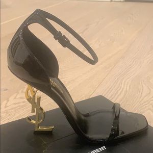 *** YSL Opyum Black Patent Leather and Gold heeled Sandal***